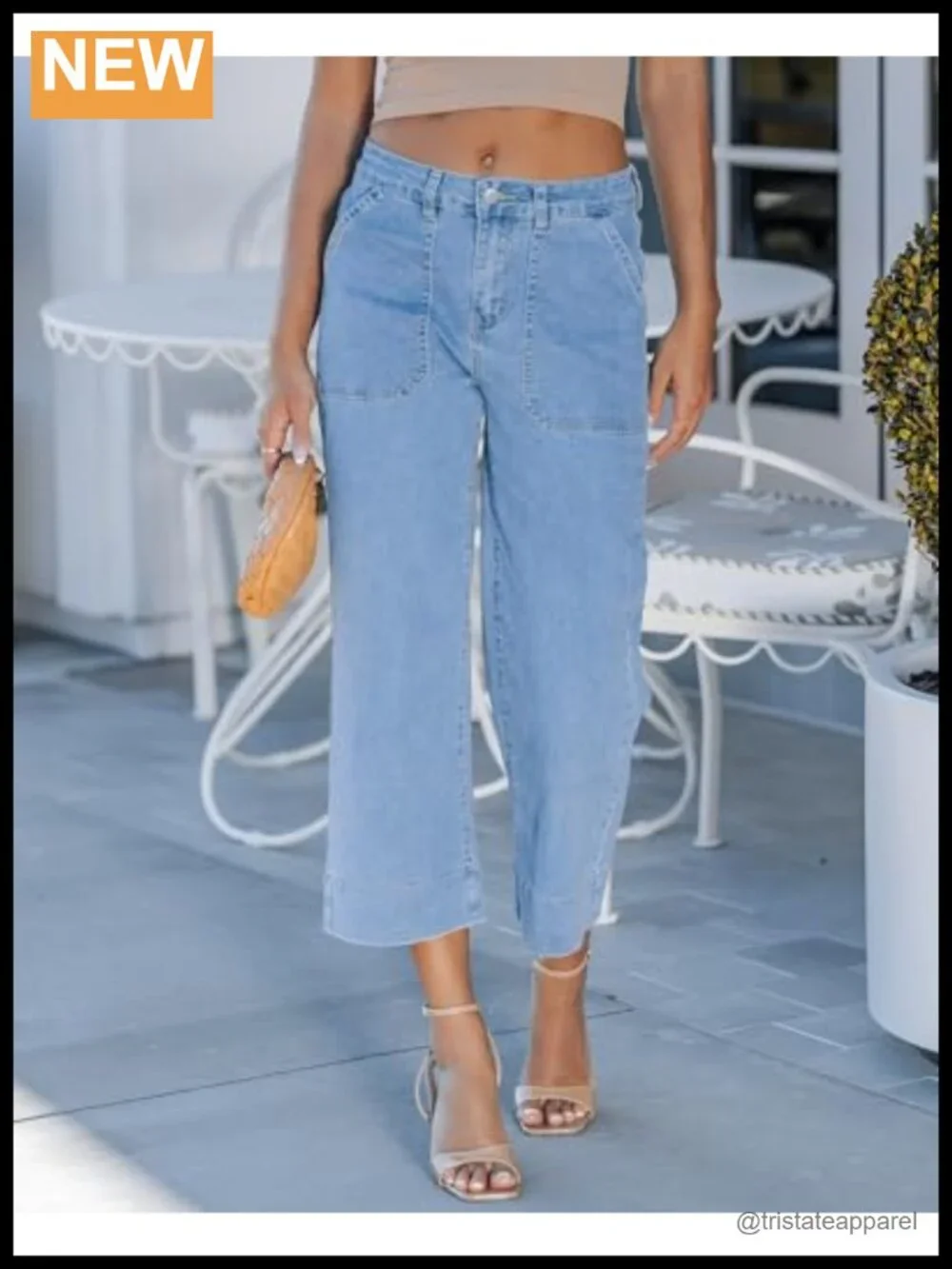 High Waisted Wide Leg Cropped Denim Capris with Pockets